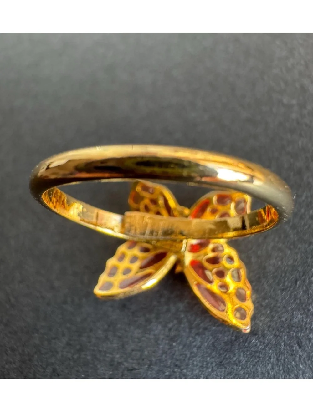 Vintage Glass Butterfly Adjustable Ring Gold Tone Rhinestone Costume Jewelry